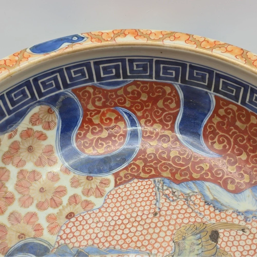 Antique Japanese Imari Porcelain Bowl Hawk Falcon Meiji Edo 19th C As Is Cracked